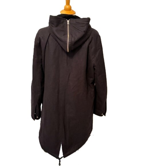 Theory Cashmere Wool Blend Large Black Hood Fur Zip Front Coat Jacket EUC - Picture 5 of 14
